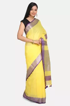 Yellow Woven Linen Saree With Blouse