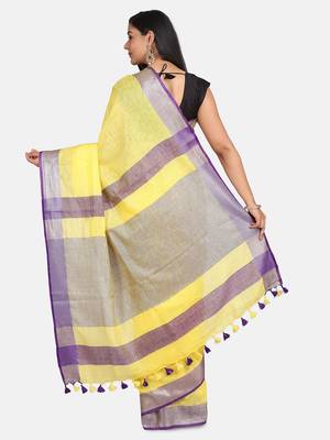 Yellow Woven Linen Saree With Blouse 6