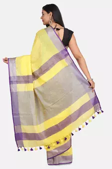 Yellow Woven Linen Saree With Blouse