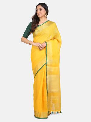 Yellow Woven Linen Saree With Blouse 1