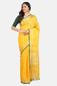 Yellow Woven Linen Saree With Blouse
