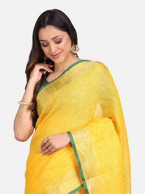 Yellow Woven Linen Saree With Blouse 5