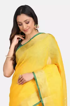 Yellow Woven Linen Saree With Blouse