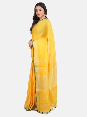 Yellow Woven Linen Saree With Blouse 6