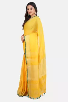 Yellow Woven Linen Saree With Blouse