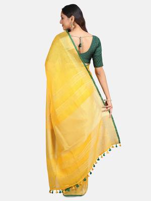Yellow Woven Linen Saree With Blouse 7