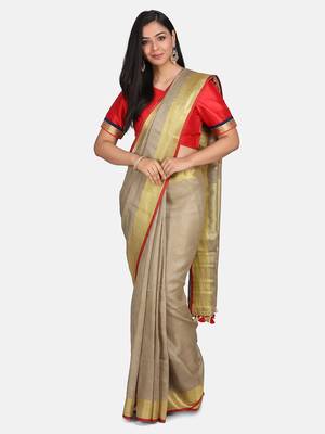 Golden Linen Saree With Blouse 5