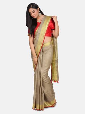 Golden Linen Saree With Blouse 6