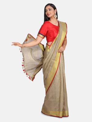 Golden Linen Saree With Blouse 7
