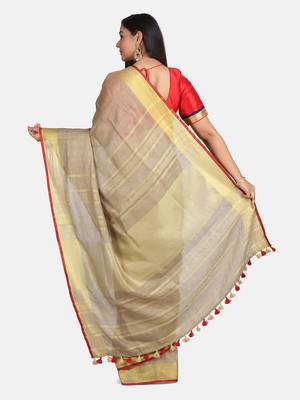 Golden Linen Saree With Blouse 8