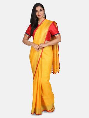 Yellow Woven Linen Saree With Blouse 5