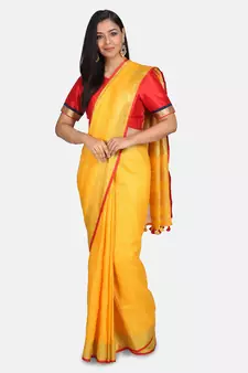 Yellow Woven Linen Saree With Blouse