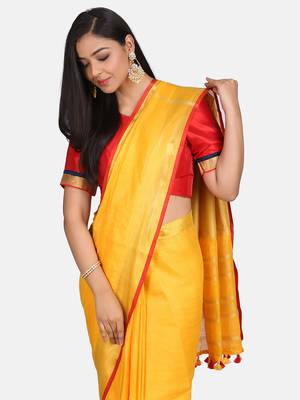 Yellow Woven Linen Saree With Blouse 6