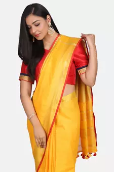Yellow Woven Linen Saree With Blouse