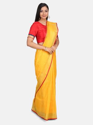 Yellow Woven Linen Saree With Blouse 1