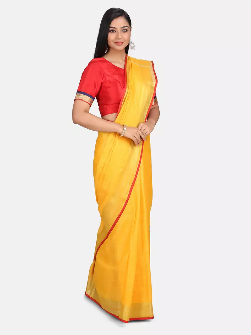 Yellow Woven Linen Saree With Blouse