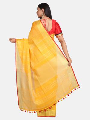 Yellow Woven Linen Saree With Blouse 7