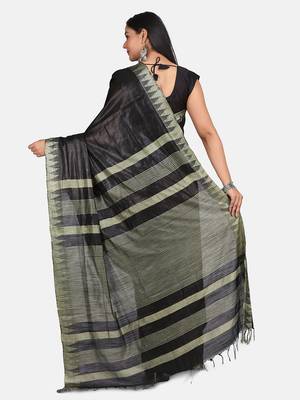 Black Hand Woven Poly Silk Handloom Sarees 7