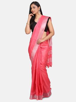 Pink Hand Woven Linen Saree With Blouse 1