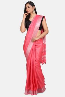 Pink Hand Woven Linen Saree With Blouse