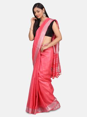 Pink Hand Woven Linen Saree With Blouse 4