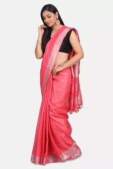Pink Hand Woven Linen Saree With Blouse