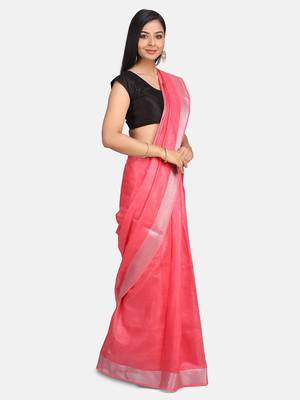 Pink Hand Woven Linen Saree With Blouse 5