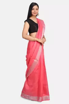 Pink Hand Woven Linen Saree With Blouse