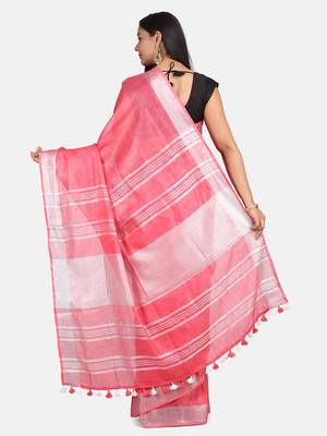 Pink Hand Woven Linen Saree With Blouse 6