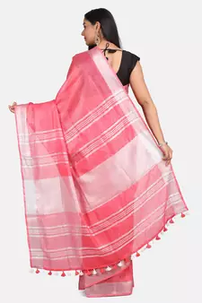 Pink Hand Woven Linen Saree With Blouse