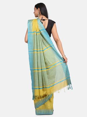 Green Hand Woven Poly Silk Handloom Sarees 6
