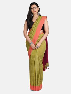 Pesta Plain Work Khadi Cotton Handloom Saree With Blouse 1