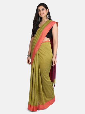 Pesta Plain Work Khadi Cotton Handloom Saree With Blouse 3