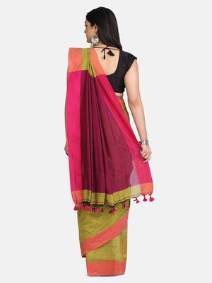 Pesta Plain Work Khadi Cotton Handloom Saree With Blouse 4