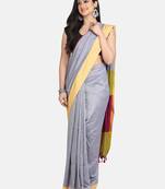 Grey Melange Plain Work Khadi Cotton Handloom Saree With Blouse