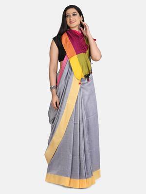 Grey Melange Plain Work Khadi Cotton Handloom Saree With Blouse 3