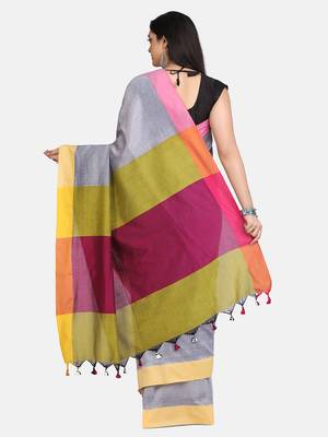 Grey Melange Plain Work Khadi Cotton Handloom Saree With Blouse 4