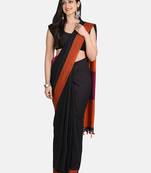 Black Plain Work Khadi Cotton Handloom Saree With Blouse