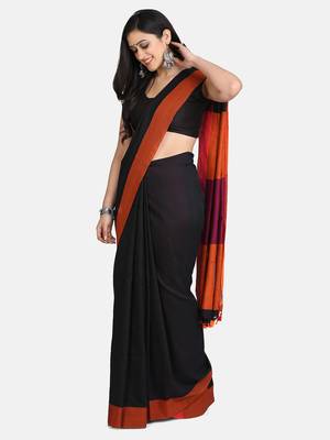 Black Plain Work Khadi Cotton Handloom Saree With Blouse 3