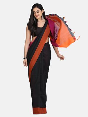 Black Plain Work Khadi Cotton Handloom Saree With Blouse 4