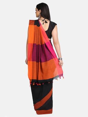 Black Plain Work Khadi Cotton Handloom Saree With Blouse 5