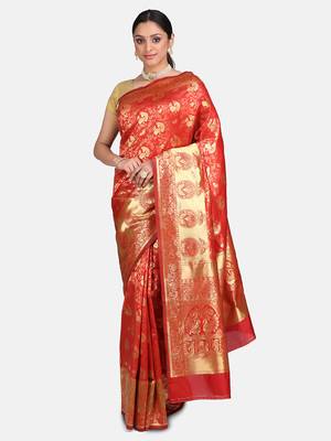 Orange Woven Banarasi Saree With Blouse 1
