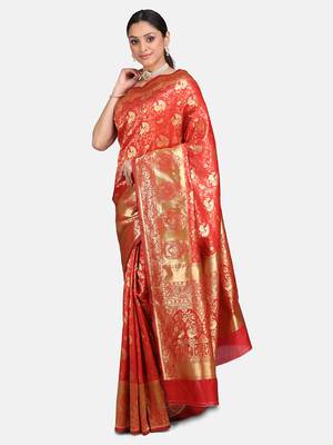 Orange Woven Banarasi Saree With Blouse 5