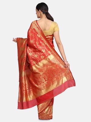 Orange Woven Banarasi Saree With Blouse 6