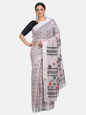 Cream Woven Linen Saree With Blouse 1