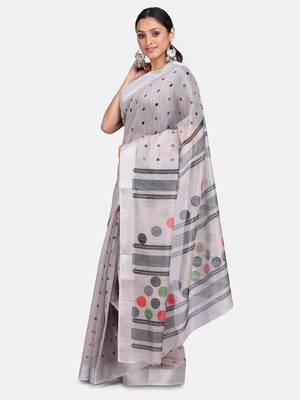 Cream Woven Linen Saree With Blouse 5
