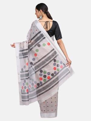 Cream Woven Linen Saree With Blouse 6