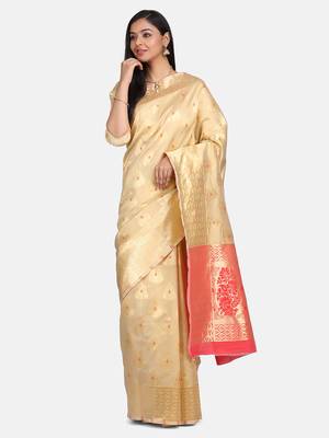 Cream Woven Banarasi Saree With Blouse 1