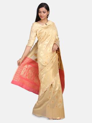 Cream Woven Banarasi Saree With Blouse 5