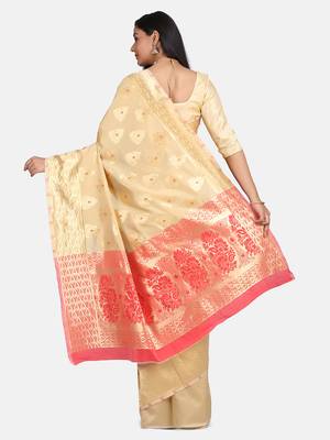 Cream Woven Banarasi Saree With Blouse 6